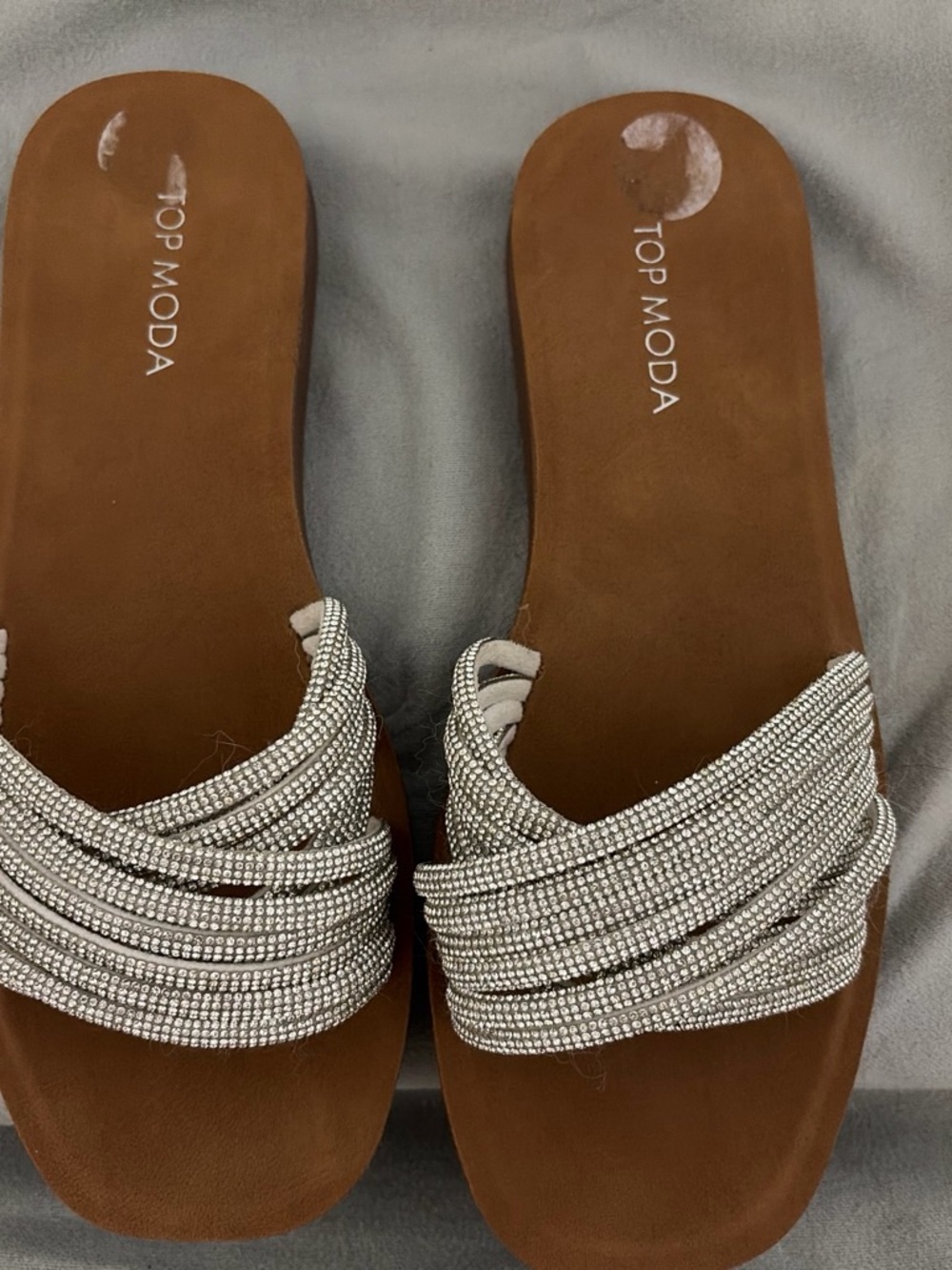 TOP Moda Brown Slide Sandals with Silver Crystal Straps
